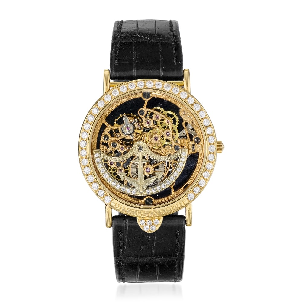 Ulysse Nardin. An unusual 18K gold diamond set inverted automatic skeletonised wristwatch Ref: 1...: Ulysse Nardin. An unusual 18K gold diamond set inverted automatic skeletonised wristwatch Reference: 141-28 Date: Circa 1990 Movement: Jewelled automatic, diamond set rotor, No.1411187 Dial: Finely en