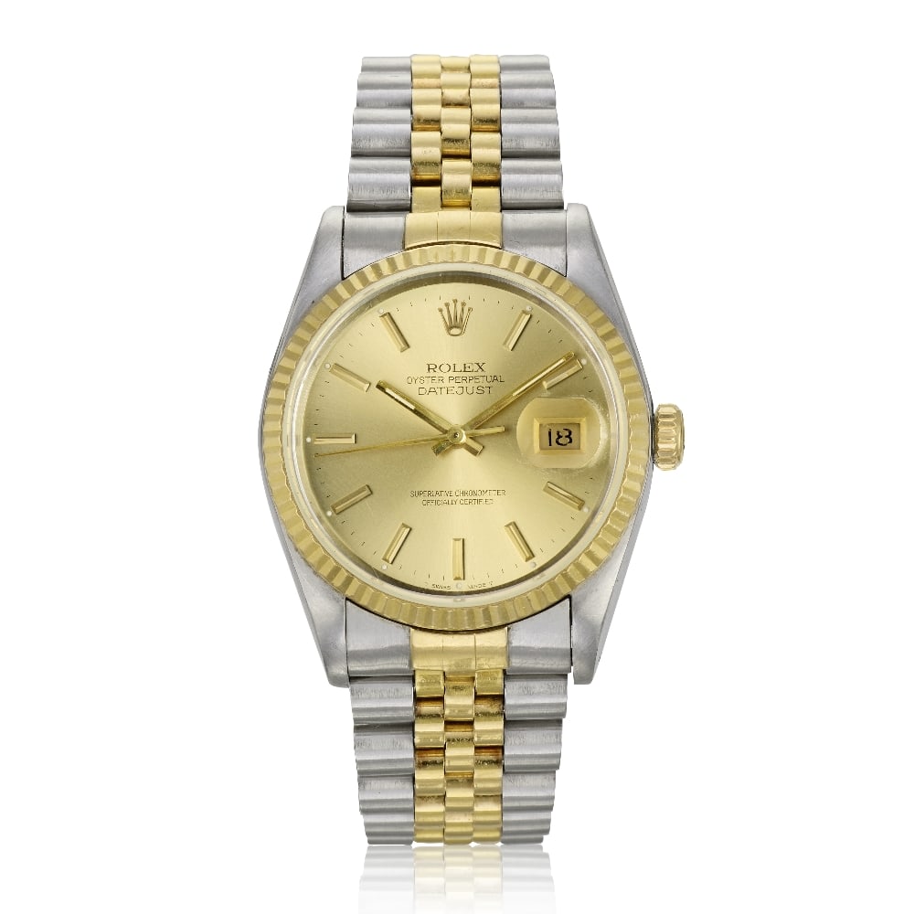 Rolex. A stainless steel and gold automatic calendar bracelet watch Datejust, Ref: 16233, Purch...: Rolex. A stainless steel and gold automatic calendar bracelet watch Model: Datejust Reference: 16233 Date: Purchased 21st December 1993 Movement: 31-jewel Cal.3135 automatic, adjusted to 5 positions &