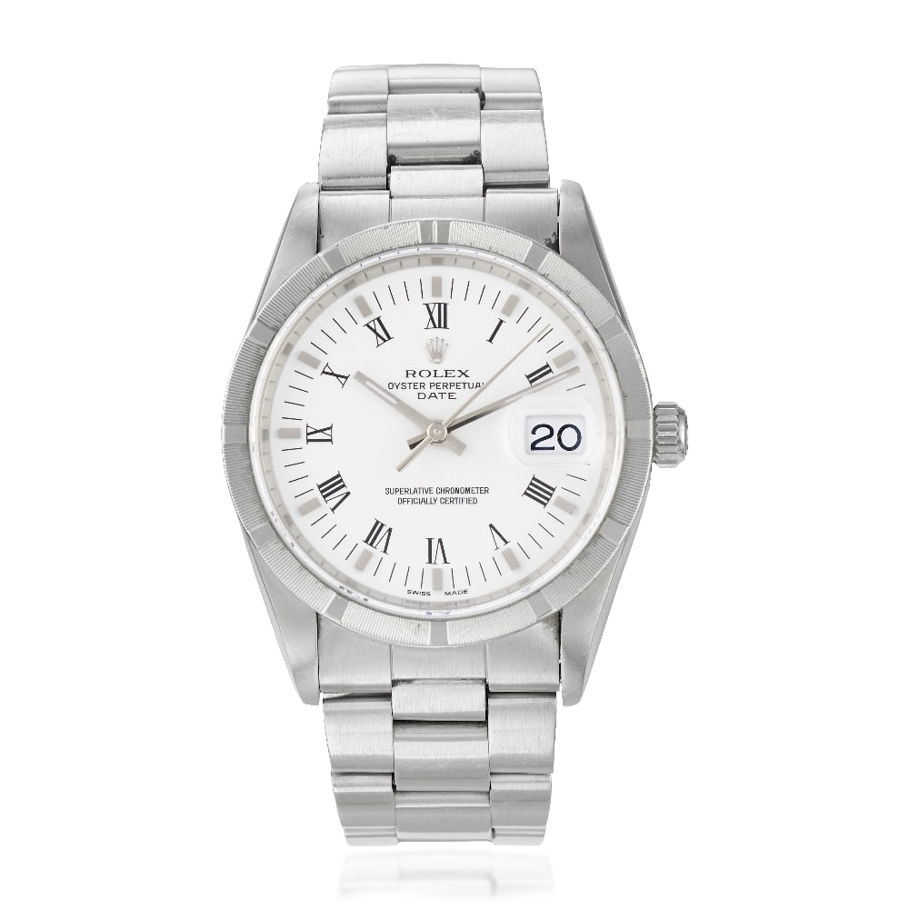 Rolex. A stainless steel automatic calendar bracelet watch Oyster Perpetual Date, Ref: 15210, C...: Rolex. A stainless steel automatic calendar bracelet watch Model: Oyster Perpetual Date Reference: 15210 Date: Circa 1997 Movement: 31-jewel Cal.3135 automatic, adjusted to 5 positions & temperature, 