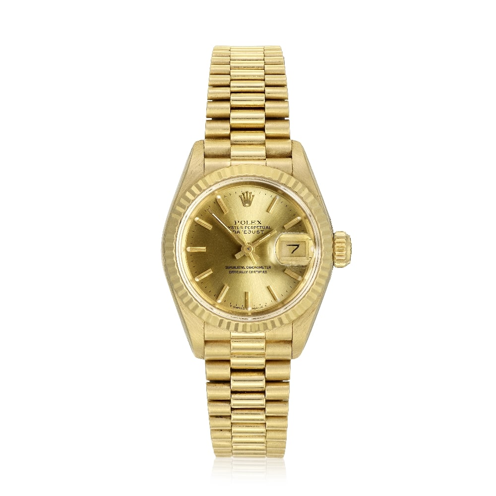 Rolex. A lady's 18K gold automatic calendar bracelet watch Datejust, Ref: 69178, Circa 1988: Rolex. A lady's 18K gold automatic calendar bracelet watch Model: Datejust Reference: 69178 Date: Circa 1988 Movement: 29-jewel Cal.2135 automatic, adjusted to 5 positions and temperature, No.1071227 