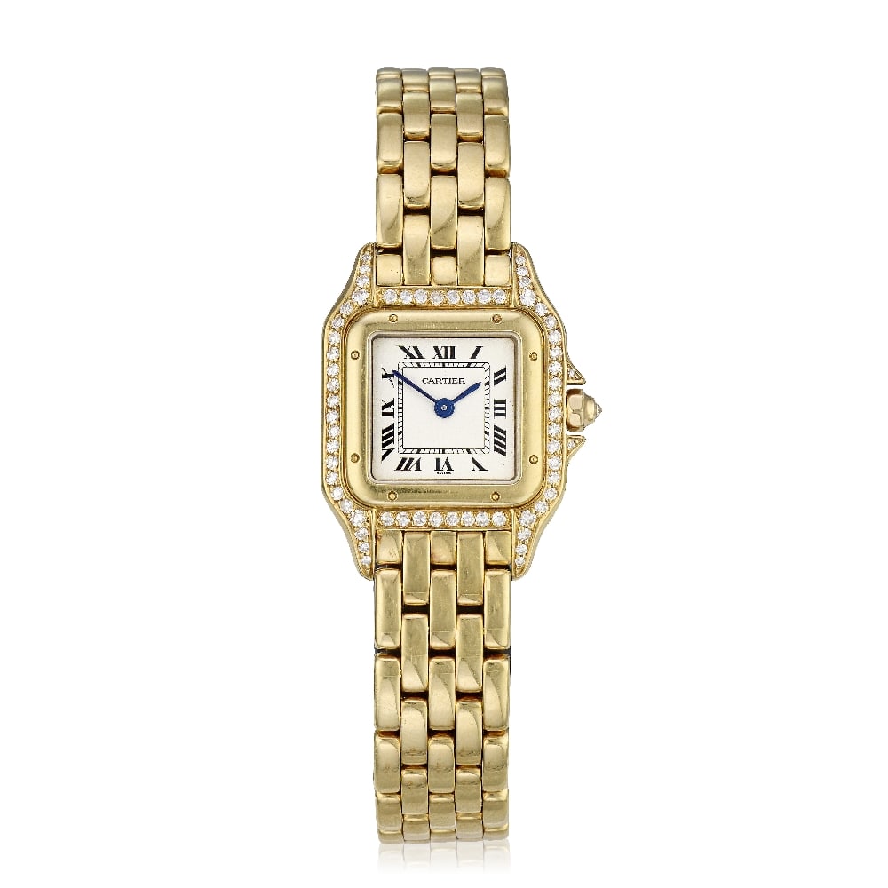 Cartier. A recently serviced lady's 18K gold diamond set quartz bracelet watch Panthère, C...: Cartier. A recently serviced lady's 18K gold diamond set quartz bracelet watch Model: Panthère Date: Circa 1990 Movement: 4-jewel Cal.157 quartz Dial: Silvered, black Roman numeral hour markers, 