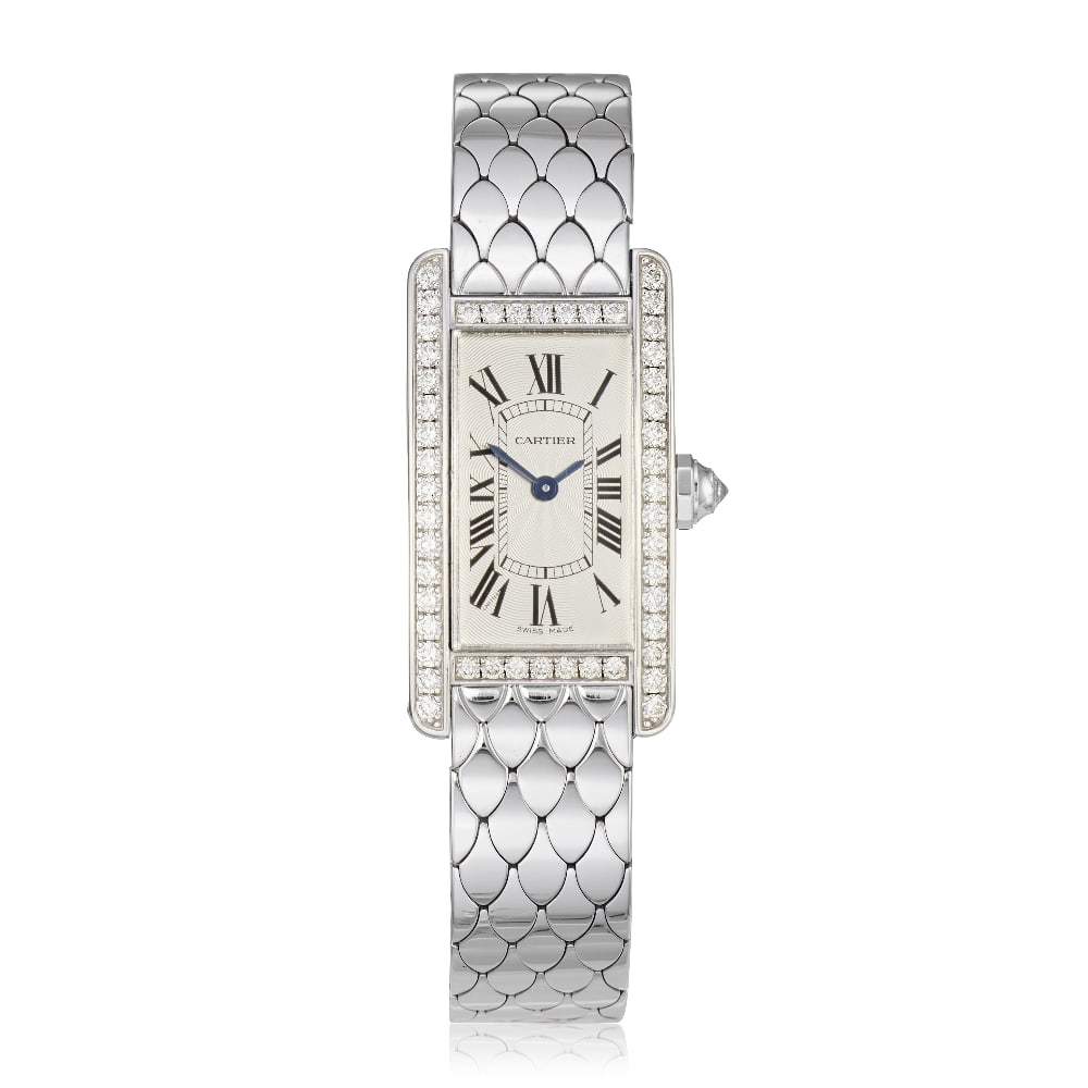 Cartier. A lady's 18K white gold diamond set quartz bracelet watch Tank Américaine, Ref: 2...: Cartier. A lady's 18K white gold diamond set quartz bracelet watch Model: Tank Américaine Reference: 2489 Date: Purchased 27th May 2017 Movement: 4-jewel Cal.157 quartz Dial: Guilloché engra