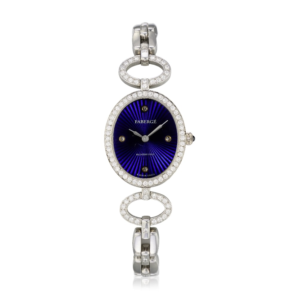 Fabergé. A Limited Edition lady's 18K white gold diamond set quartz bracelet watch Premier...: Fabergé. A Limited Edition lady's 18K white gold diamond set quartz bracelet watch Model: Premiere Anastasia, No.9/25 Date: Circa 2010 Movement: 6-jewel ETA quartz Dial: Blue enamel, applied diam