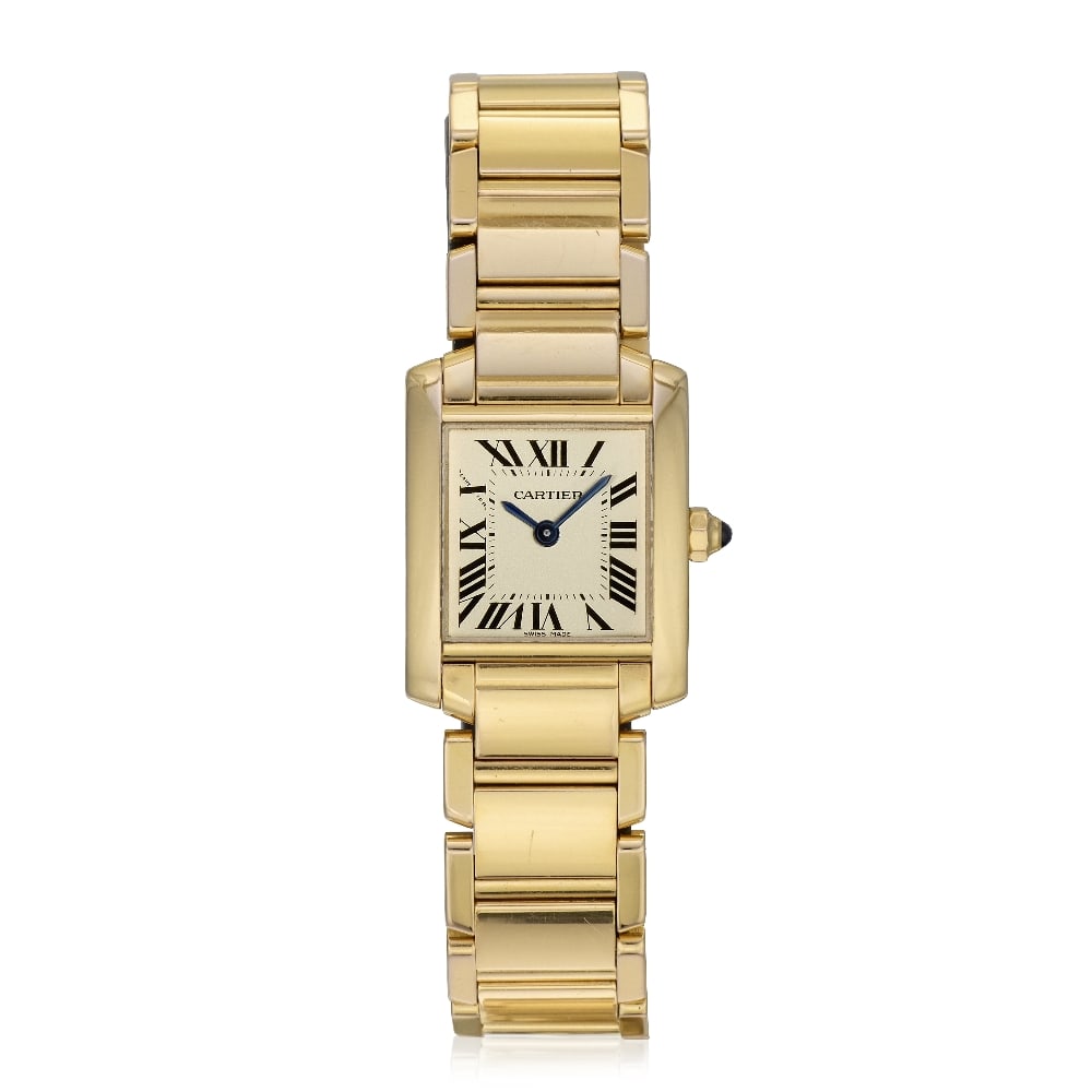 Cartier. A lady's 18K gold quartz bracelet watch Tank Française, Ref: 2793, Purchased 19th...: Cartier. A lady's 18K gold quartz bracelet watch Model: Tank Française Reference: 2793 Date: Purchased 19th November 2005 Movement: 4-jewel Cal.057 quartz Dial: Silvered, black Roman numeral hour