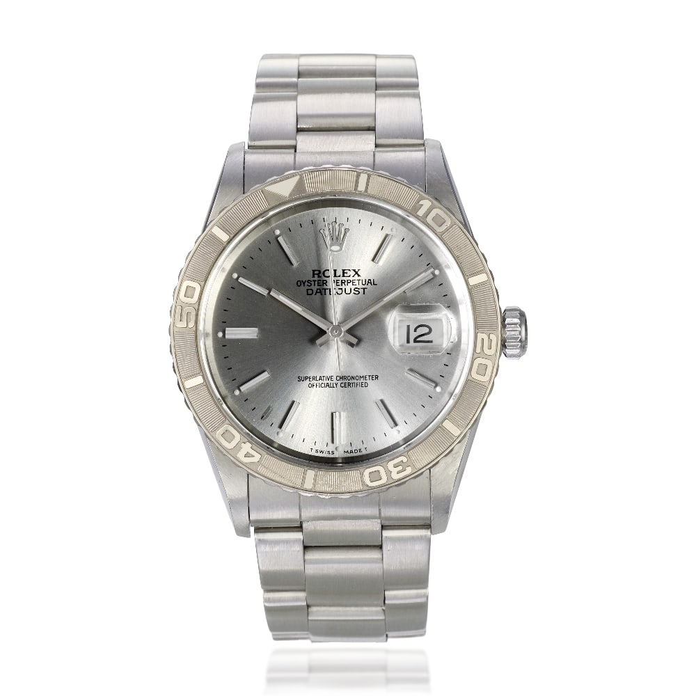 Rolex. A stainless steel automatic calendar bracelet watch Datejust 'Turn-O-Graph', Ref: 16264,...: Rolex. A stainless steel automatic calendar bracelet watch Model: Datejust 'Turn-O-Graph' Reference: 16264 Date: Purchased 1st November 2003 Movement: 31-jewel Cal.3135 automatic, adjusted to 5 positi