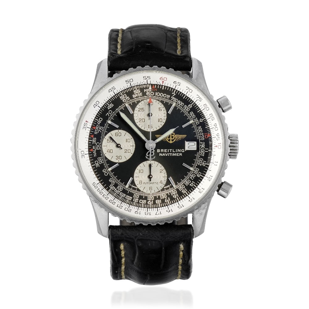 Breitling. A stainless steel automatic calendar chronograph wristwatch Navitimer, Ref: A13022, ...: Breitling. A stainless steel automatic calendar chronograph wristwatch Model: Navitimer Reference: A13022 Date: Purchased 30th April 1999 Movement: 24-jewel automatic Dial: Black, applied polished bat