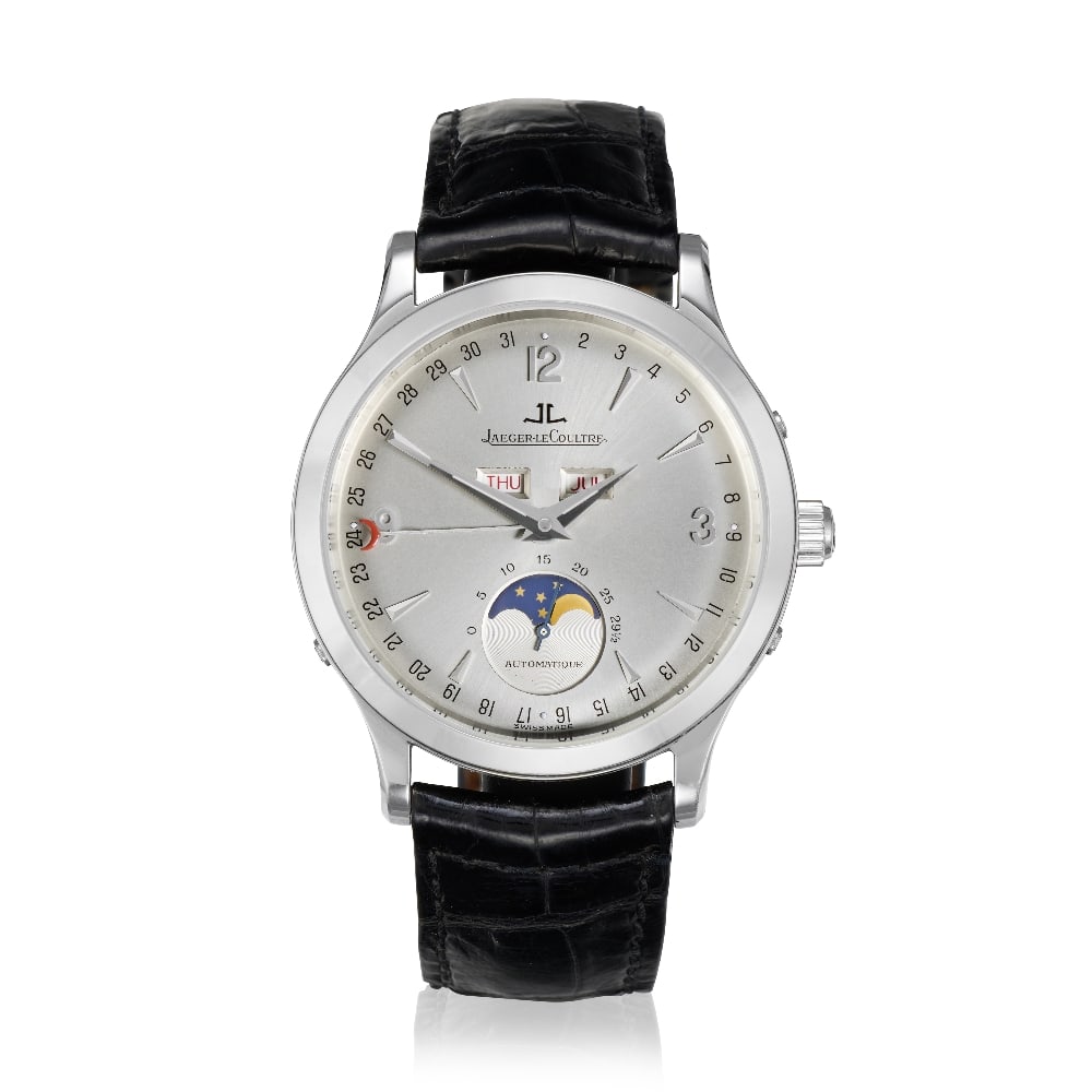 Jaeger-LeCoultre. A stainless steel automatic triple calendar wristwatch with moon phase Master...: Jaeger-LeCoultre. A stainless steel automatic triple calendar wristwatch with moon phase Model: Master Moon Reference: 140.8.98.S Date: Circa 2000 Movement: 36-jewel Cal.891/2/448 automatic, 22K gold 
