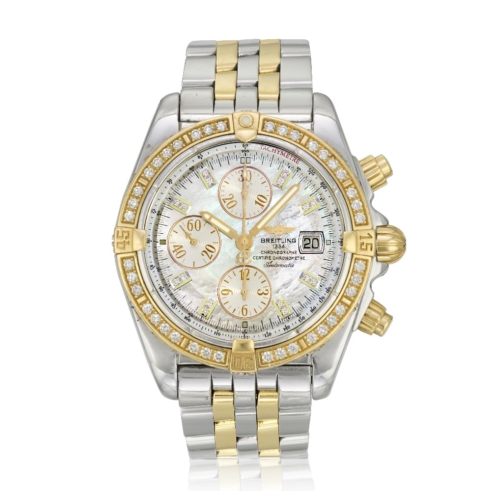 Breitling. A stainless steel and rose gold diamond set calendar chronograph bracelet watch with ...: Breitling. A stainless steel and rose gold diamond set calendar chronograph bracelet watch with mother of pearl dial Model: Chronomat Reference: C13356 Date: Purchased 20th January 2007 Movement: Jewe