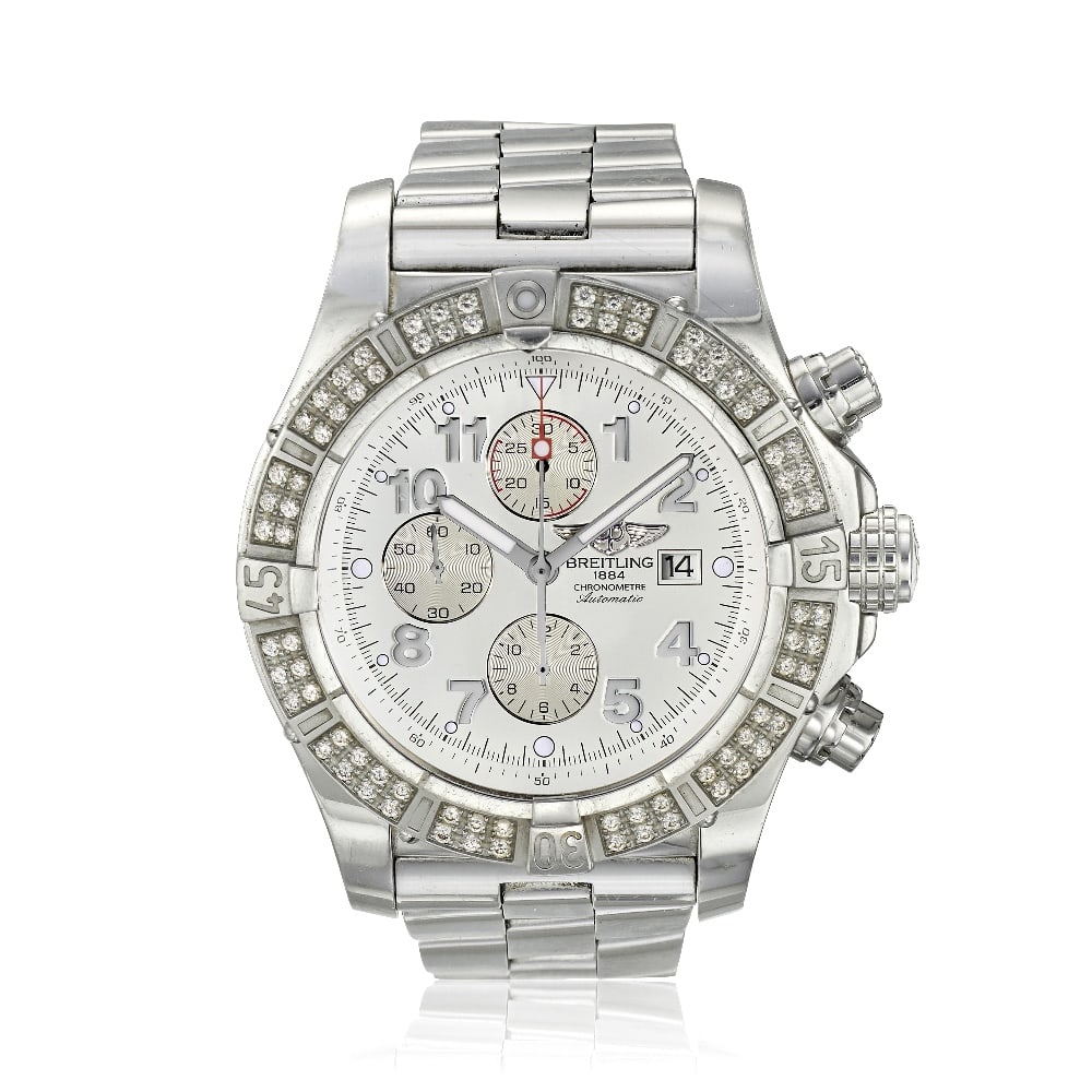 Breitling. A stainless steel diamond set automatic calendar chronograph bracelet watch Super Av...: Breitling. A stainless steel diamond set automatic calendar chronograph bracelet watch Model: Super Avenger Reference: A13370 Date: Purchased 1st April 2007 Movement: Jewelled automatic Dial: White, a