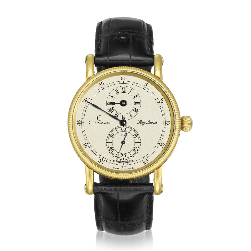 Chronoswiss. An 18K gold automatic wristwatch with regulator dial Ref: CH 1221, Purchased 19th O...: Chronoswiss. An 18K gold automatic wristwatch with regulator dial Reference: CH 1221 Date: Purchased 19th October 2007 Movement: 30-jewel automatic, No.12991 Dial: Silvered regulator dial with offset 