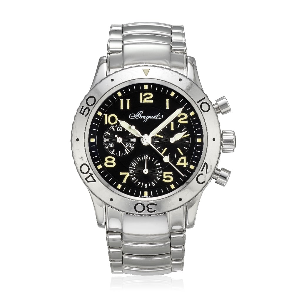 Breguet. A stainless steel automatic flyback chronograph bracelet watch Type XX Aéronavale...: Breguet. A stainless steel automatic flyback chronograph bracelet watch Model: Type XX Aéronavale Reference: 3800 Date: Circa 2000 Movement: Jewelled automatic Dial: Black, luminous Arabic numera