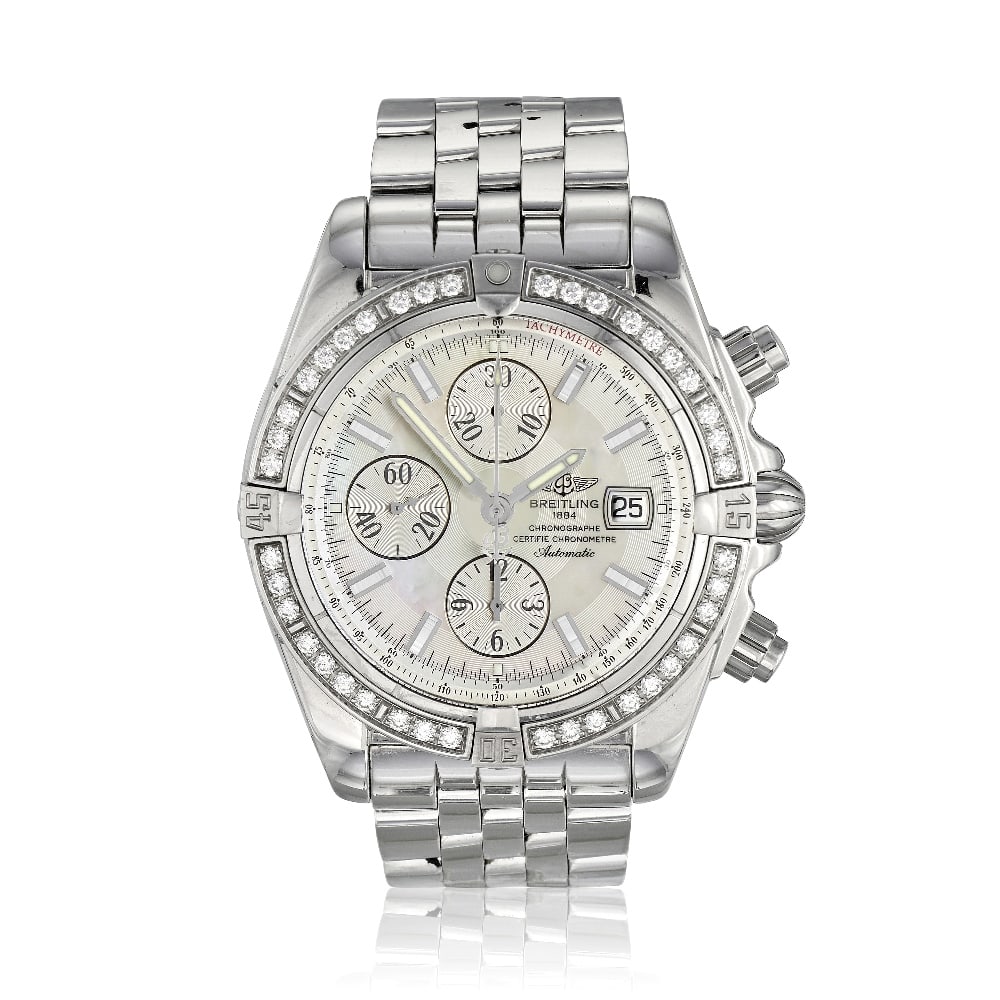 Breitling. A stainless steel diamond set automatic calendar chronograph bracelet watch with moth...: Breitling. A stainless steel diamond set automatic calendar chronograph bracelet watch with mother of pearl dial Model: Chronomat Evolution Reference: C13356 Date: Purchased 14th October 2008 Movement