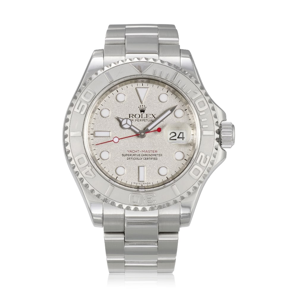 Rolex. A stainless steel and platinum automatic calendar bracelet watch Yacht-Master, Ref: 1662...: Rolex. A stainless steel and platinum automatic calendar bracelet watch Model: Yacht-Master Reference: 16622 Date: Circa 2006 Movement: 31-jewel Cal.3135 automatic, adjusted to 5 positions & temperatu