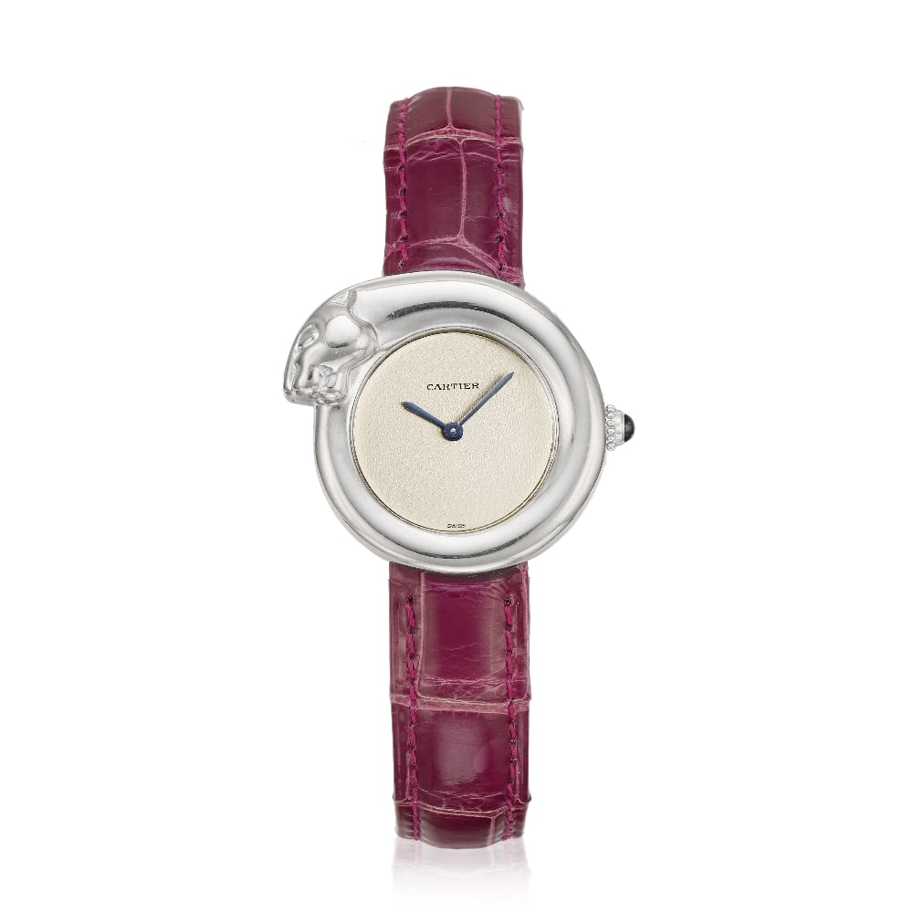 Cartier. An 18K white gold quartz wristwatch Panthère 1925, Ref: 2476, Circa 2000: Cartier. An 18K white gold quartz wristwatch Model: Panthère 1925 Reference: 2476 Date: Circa 2000 Movement: 4-jewel Cal.157 quartz Dial: Guilloché engraved silvered, blued steel sword hands