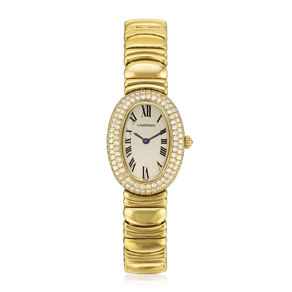 Cartier. A lady's 18K gold diamond set quartz bracelet watch Baignoire, Ref: 8057912, Circa 2000: Cartier. A lady's 18K gold diamond set quartz bracelet watch Model: Baignoire Reference: 8057912 Date: Circa 2000 Movement: 4-jewel Cal.057 quartz Dial: Silvered, black Roman numeral hour markers, sec