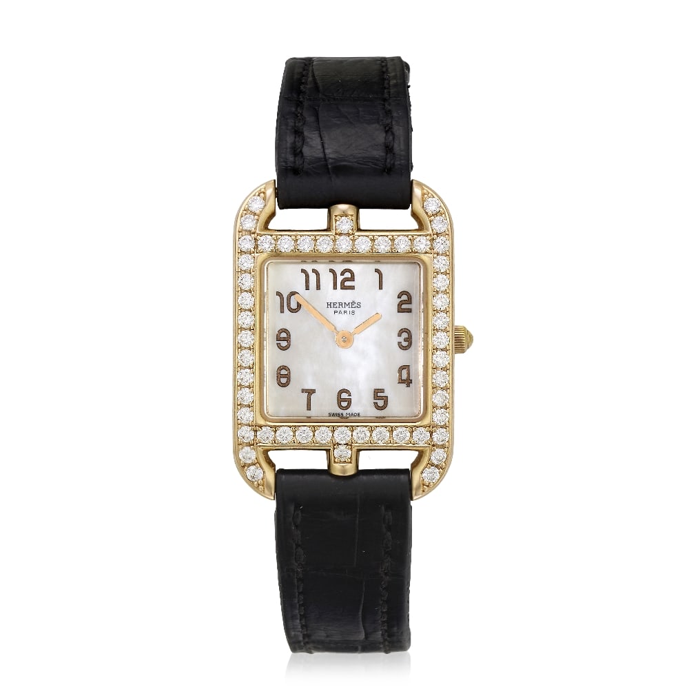 Hermès. A lady's 18K rose gold diamond set quartz wristwatch with mother of pearl dial Cap...: Hermès. A lady's 18K rose gold diamond set quartz wristwatch with mother of pearl dial Model: Cape Cod Reference: CC1.272 Date: Purchased 9th August 2013 Movement: 6-jewel ETA Cal.976.001 quartz 