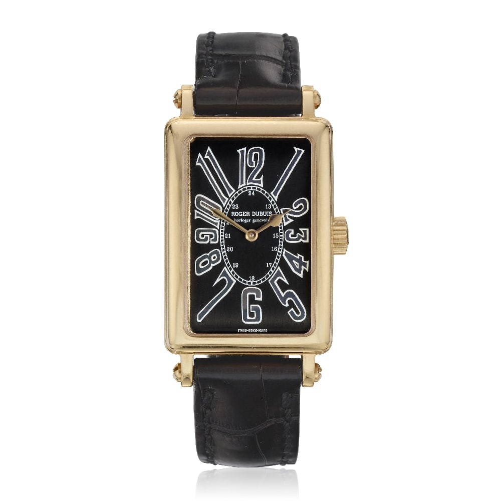 Roger Dubuis. A lady's 18K rose gold manual wind wristwatch Much More, No.04/28, Ref: M22 185, ...: Roger Dubuis. A lady's 18K rose gold manual wind wristwatch Model: Much More, No.04/28 Reference: M22 185 Date: Purchased 18th March 2006 Movement: 20-jewel Cal.RD18 manual wind, No.2035 Dial: Black, 