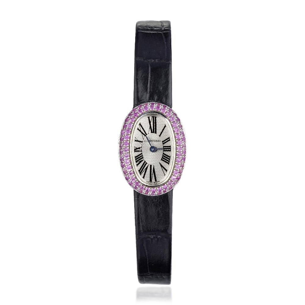Cartier. A lady's 18K white gold pink sapphire set wristwatch Mini Baignoire, Ref: 2369, Circa ...: Cartier. A lady's 18K white gold pink sapphire set wristwatch Model: Mini Baignoire Reference: 2369 Date: Circa 2000 Movement: 4-jewel Cal.201 quartz Dial: Guilloché engraved silvered, black Roma