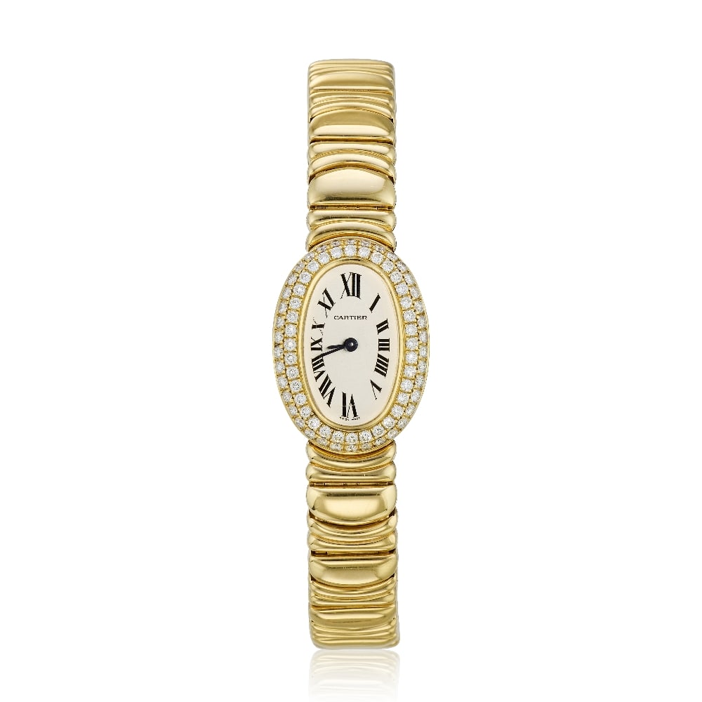 Cartier. An 18K diamond set quartz bracelet watch Baignoire, Ref: 2368, Circa 1990: Cartier. An 18K diamond set quartz bracelet watch Model: Baignoire Reference: 2368 Date: Circa 1990 Movement: 4-jewel Cal.204 quartz Dial: Silvered, black Roman numeral hour markers, secret signature 