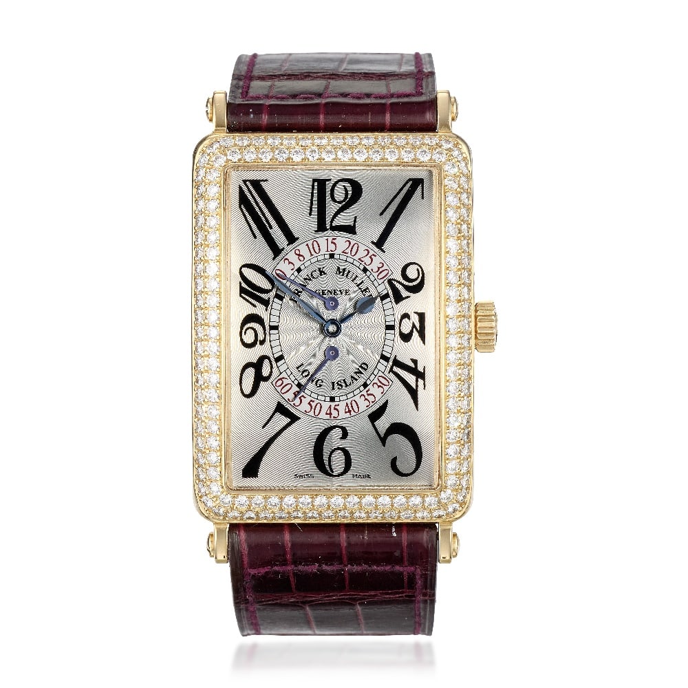 Franck Muller. An 18K rose gold diamond set automatic wristwatch with retrograde seconds Long I...: Franck Muller. An 18K rose gold diamond set automatic wristwatch with retrograde seconds Model: Long Island Reference: 1100 D SR D Date: Circa 2000 Movement: Jewelled Cal.2800 automatic, platinum roto