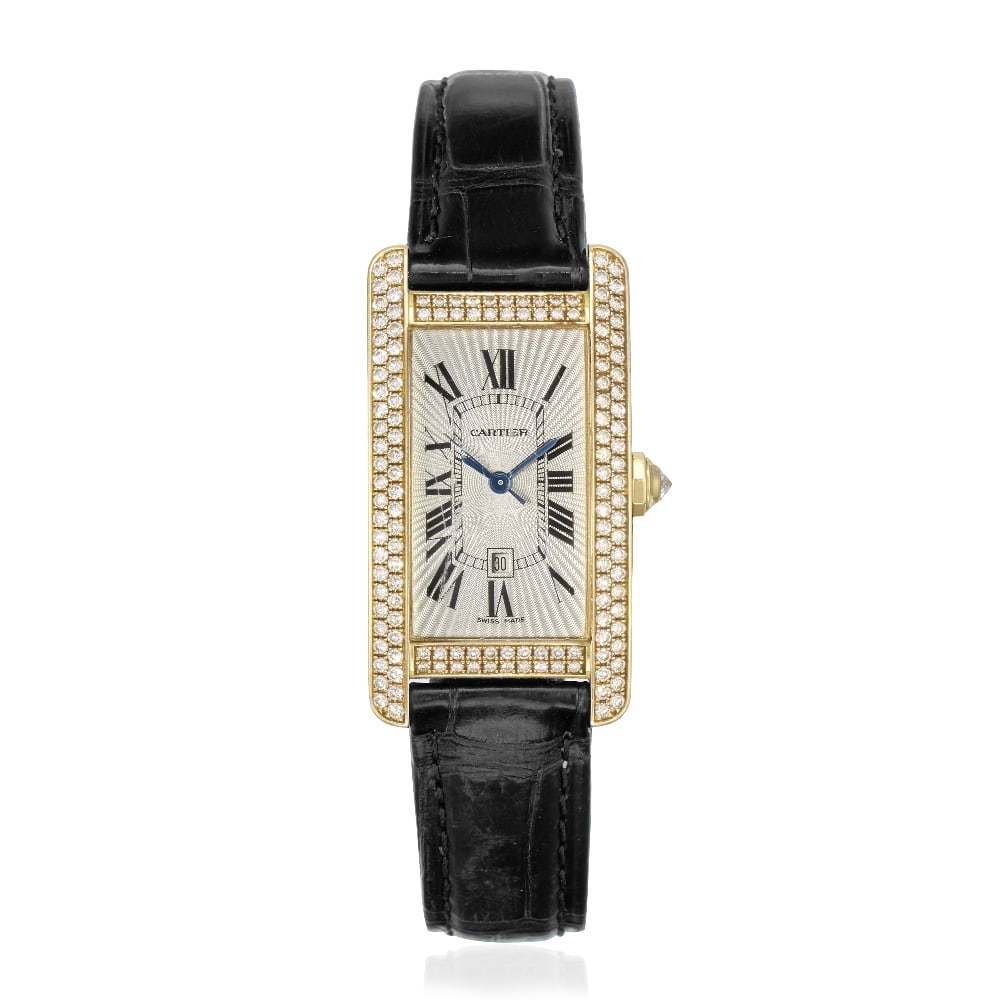 Cartier. An 18K rose gold and diamond set automatic calendar wristwatch Tank Américaine, R...: Cartier. An 18K rose gold and diamond set automatic calendar wristwatch Model: Tank Américaine Reference: 2504 Date: Circa 2010 Movement: 25-jewel Cal.077 automatic Dial: Guilloché engraved 