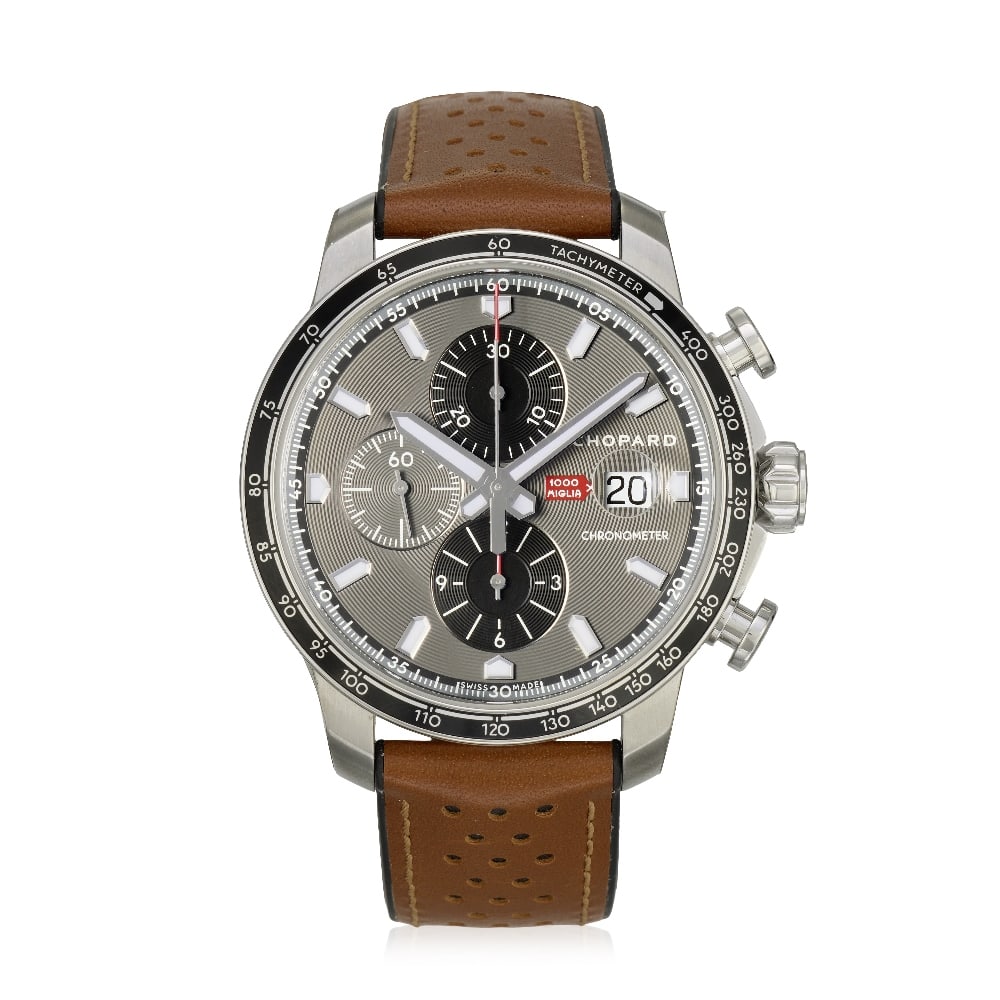 Chopard. A special edition stainless steel automatic calendar chronograph drivers wristwatch Mi...: Chopard. A special edition stainless steel automatic calendar chronograph drivers wristwatch Model: Mille Miglia Reference: 8607, Competitor Edition Date: Purchased 15th May 2019 Movement: 25-jewel Ca