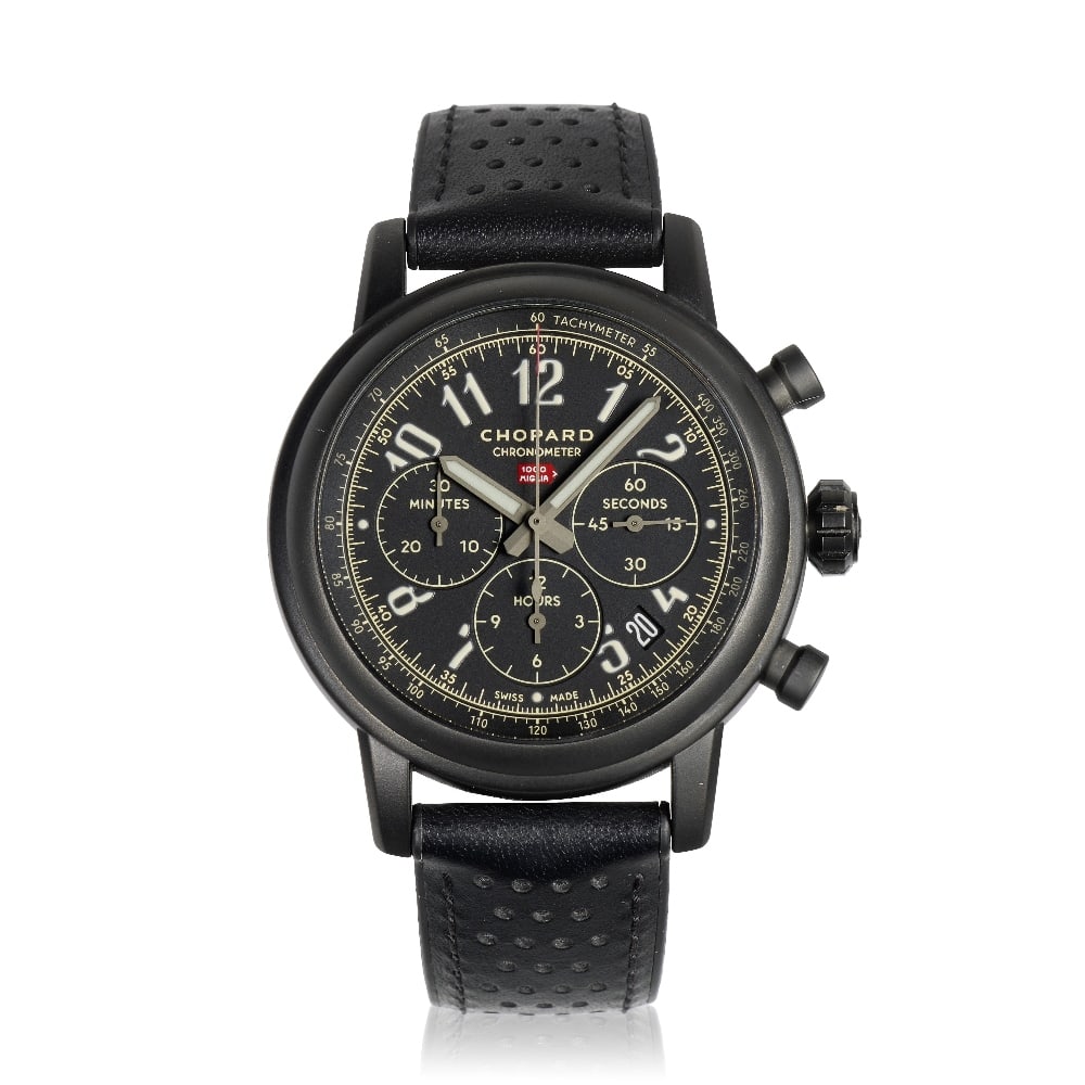 Chopard. A special edition black DLC coated stainless steel automatic calendar chronograph drive...: Chopard. A special edition black DLC coated stainless steel automatic calendar chronograph drivers wristwatch Model: Mille Miglia Reference: 8595 Date: Purchased 22nd October 2020 Movement: 37-jewel a