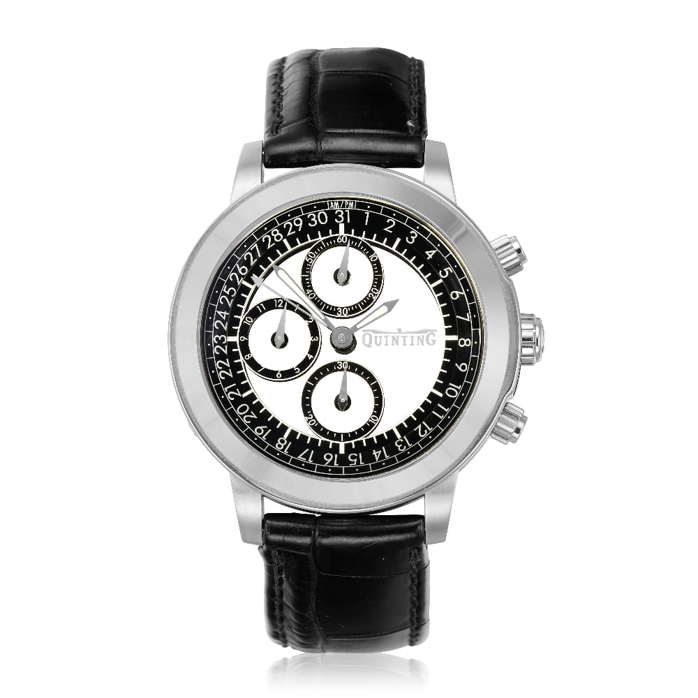 Quinting. An unusual stainless steel quartz calendar chronograph wristwatch Mysterious Chronogr...: Quinting. An unusual stainless steel quartz calendar chronograph wristwatch Model: Mysterious Chronograph Date: Circa 2010 Movement: Jewelled quartz Dial: Transparent, silvered outer minute divisions,