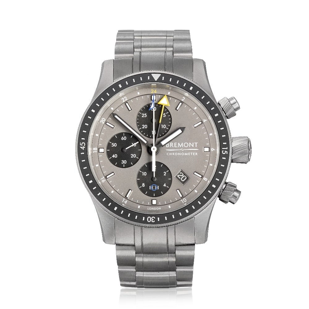 Bremont. A titanium automatic calendar chronograph bracelet watch with dual time zone Boeing Mo...: Bremont. A titanium automatic calendar chronograph bracelet watch with dual time zone Model: Boeing Model 247 GMT Reference: BB247-TI-DG Date: Purchased 13th July 2020 Movement: 25-jewel Cal.7754 auto