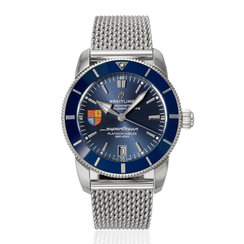 Breitling. A rare Limited Edition stainless steel automatic calendar bracelet watch made for The...: Breitling. A rare Limited Edition stainless steel automatic calendar bracelet watch made for The Royalty and Specialist Protection Unit Model: Superocean Heritage 'Platinum Jubilee RaSP', one of 70 Re