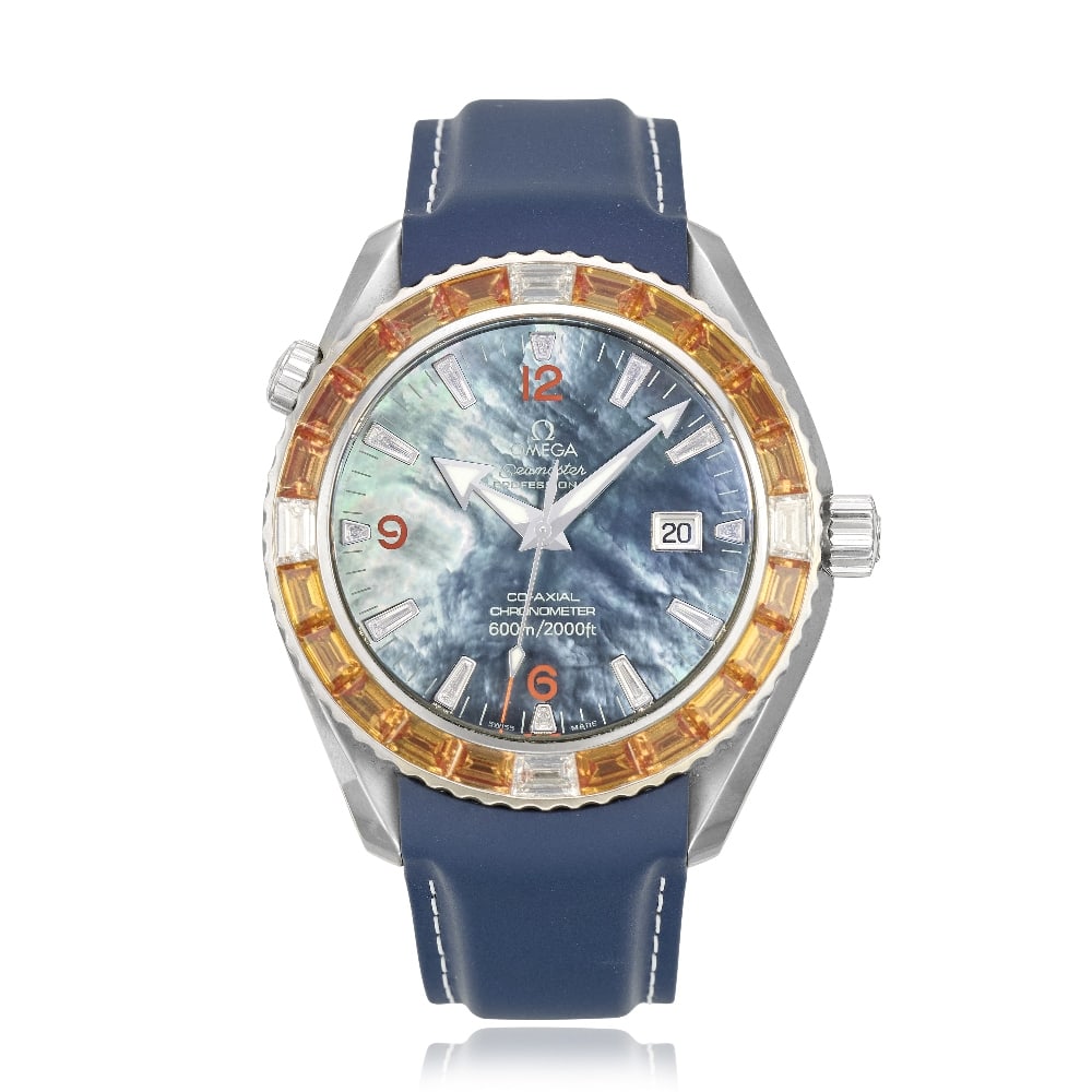Omega. A stainless steel diamond and orange sapphire set automatic calendar wristwatch with moth...: Omega. A stainless steel diamond and orange sapphire set automatic calendar wristwatch with mother of pearl dial Model: Seamaster Planet Ocean Reference: 2903.50.38 Date: Circa 2006 Movement: 27-jewel