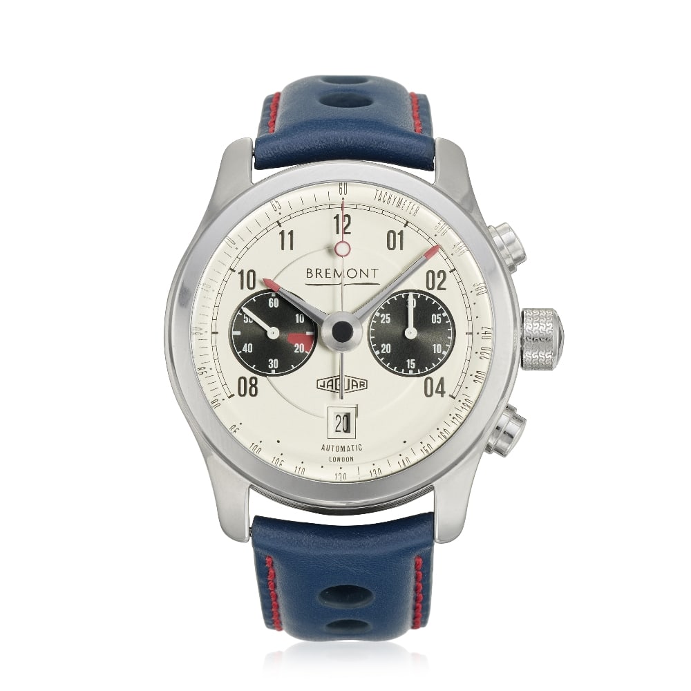 Bremont. A stainless steel automatic calendar chronograph wristwatch Jaguar MKII, Ref: E-Type-M...: Bremont. A stainless steel automatic calendar chronograph wristwatch Model: Jaguar MKII Reference: E-Type-MKII-WH Date: Purchased 9th July 2020 Movement: 25-jewell automatic, Jaguar E-Type steering wh