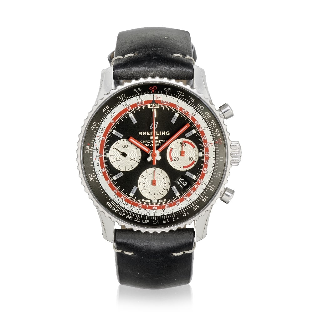 Breitling. A stainless steel automatic calendar chronograph bracelet watch Navitimer B01 'Swiss...: Breitling. A stainless steel automatic calendar chronograph bracelet watch Model: Navitimer B01 'Swiss Air' Reference: AB0121 Date: Circa 2020 Movement: 47-jewel automatic Dial: Black, applied polishe