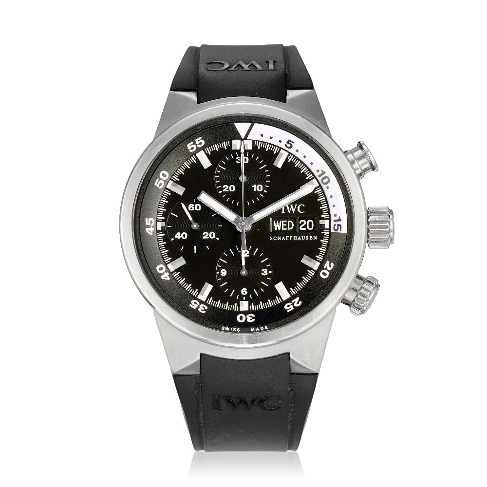 IWC. A stainless steel automatic calendar chronograph wristwatch Aquatimer, Ref: IW371933, Purc...: IWC. A stainless steel automatic calendar chronograph wristwatch Model: Aquatimer Reference: IW371933 Date: Purchased 20th July 2007 Movement: Jewelled automatic Dial: Black, applied polished baton ho