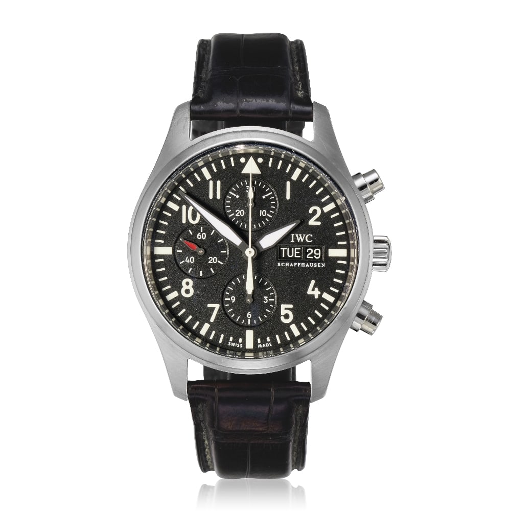 IWC. A stainless steel automatic calendar chronograph wristwatch Pilot Chronograph, Ref: 3717, ...: IWC. A stainless steel automatic calendar chronograph wristwatch Model: Pilot Chronograph Reference: 3717 Date: Circa 2010 Movement: 25-jewel Cal.79320 automatic, No.3143967 Dial: Black, white Arabic 