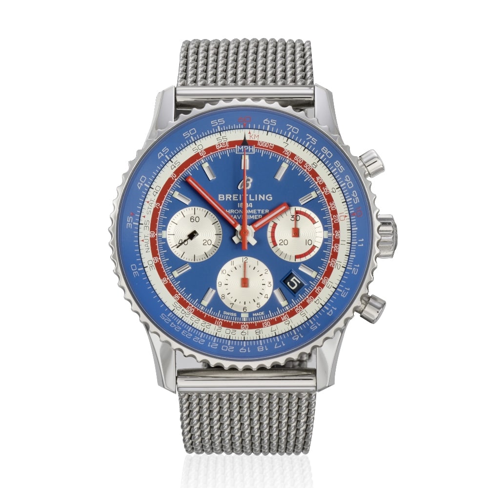 Breitling. A stainless steel automatic calendar chronograph bracelet watch Navitimer B01 'PAN A...: Breitling. A stainless steel automatic calendar chronograph bracelet watch Model: Navitimer B01 'PAN AM' Reference: AB0121 Date: Circa 2020 Movement: 47-jewel automatic Dial: Blue, applied polished ba
