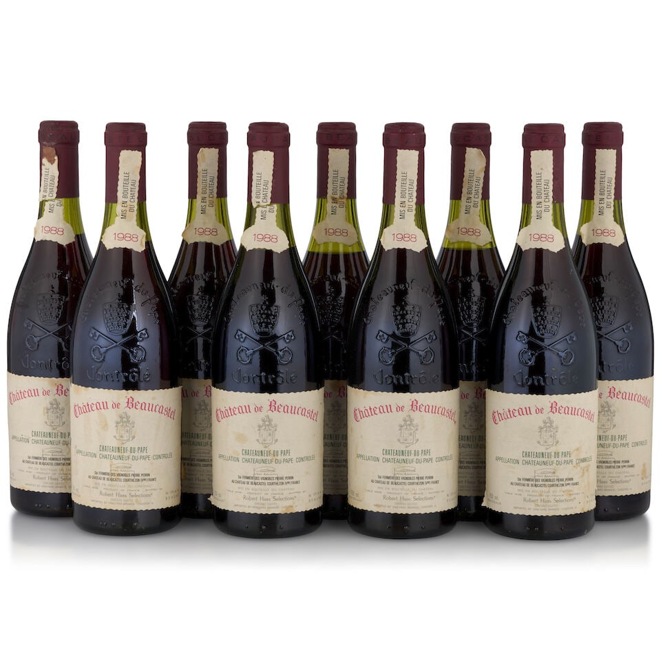 Château de Beaucastel, Châteauneuf-du-Pape, 1988 (9 bottles, 750ml): Château de Beaucastel, Châteauneuf-du-Pape, 1988 (9 bottles, 750ml) Region: Southern Rhône Fill Level: one 2.5cm, three 3cm, three 3.5cm, two 4cm Capsule: eight lightly corroded and