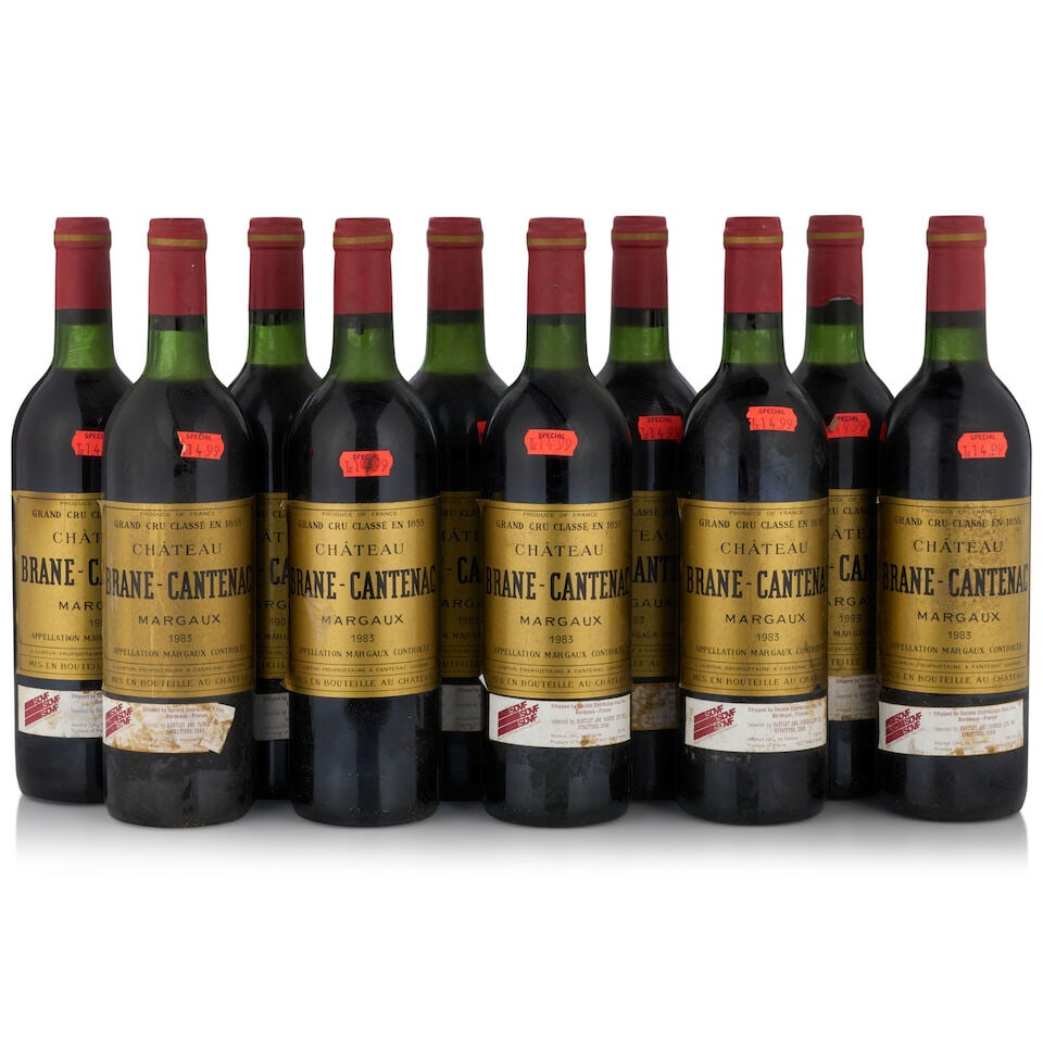 Château Brane-Cantenac, 1983 (10 bottles, 750ml): Château Brane-Cantenac, 1983 (10 bottles, 750ml) Region: Margaux Fill Level: two bottom neck, eight very top shoulder Capsule: two nicked Label: bin soiled, thwo scuffed, one with slightly