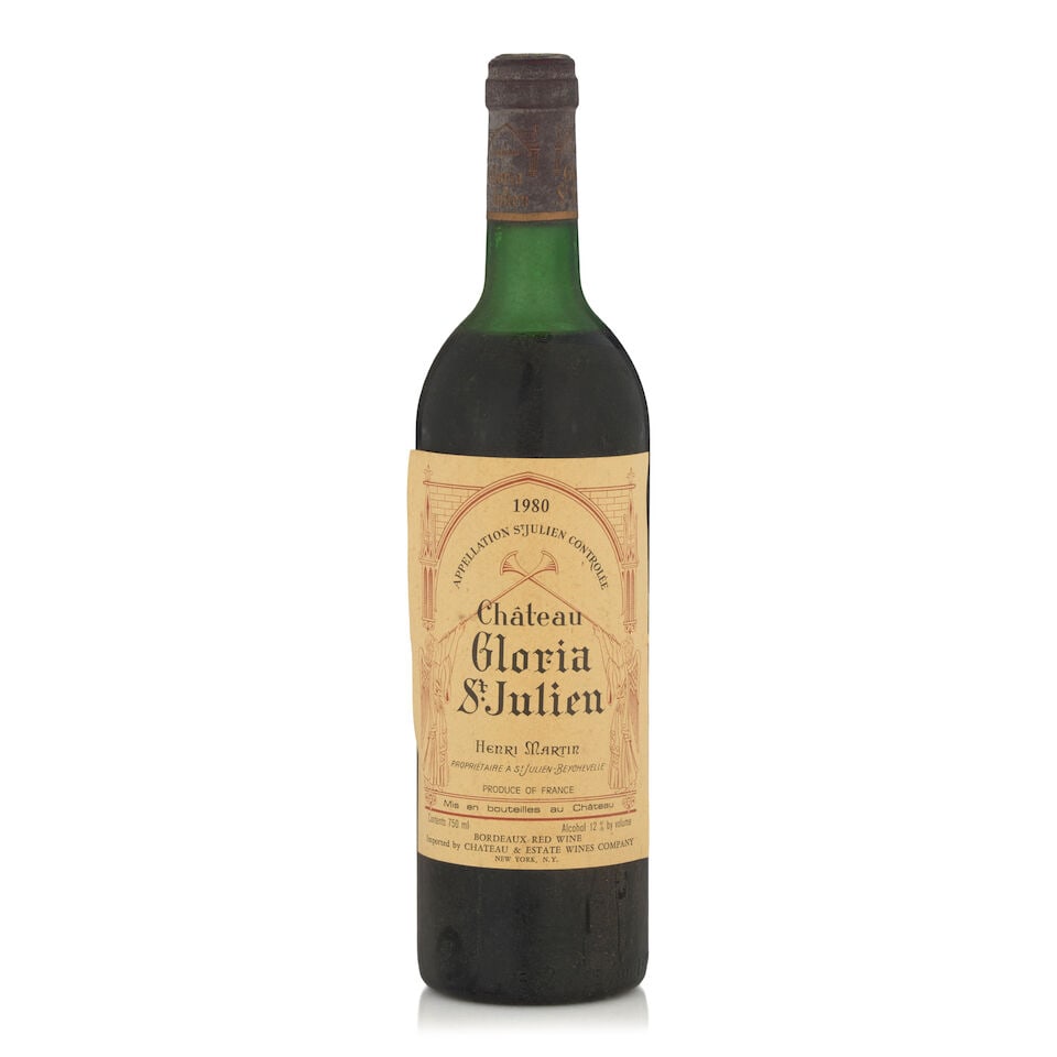 Château Gloria, 1980 (1 bottle, 750ml): Château Gloria, 1980 (1 bottle, 750ml) Region: Saint-Julien Fill Level: high shoulder Capsule: bin soiled Label: bin soiled, partially unadhered at edge Footnotes: Bordeaux, Left Bank This lot is