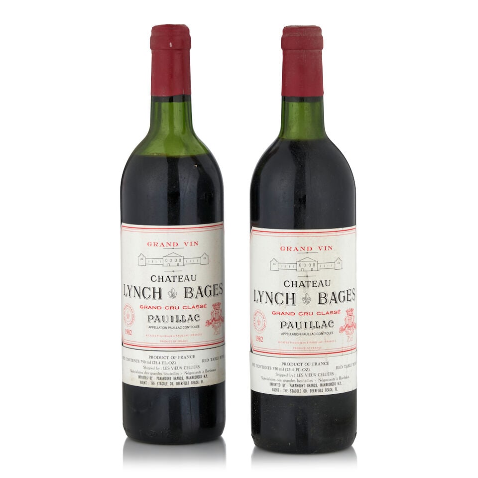 Château Lynch-Bages, 1982 (2 bottles, 750ml): Château Lynch-Bages, 1982 (2 bottles, 750ml) Region: Pauillac Fill Level: very top shoulder, high shoulder Capsule: lightly worn and stained Label: lightly bin soiled Footnotes: Bordeaux, Left