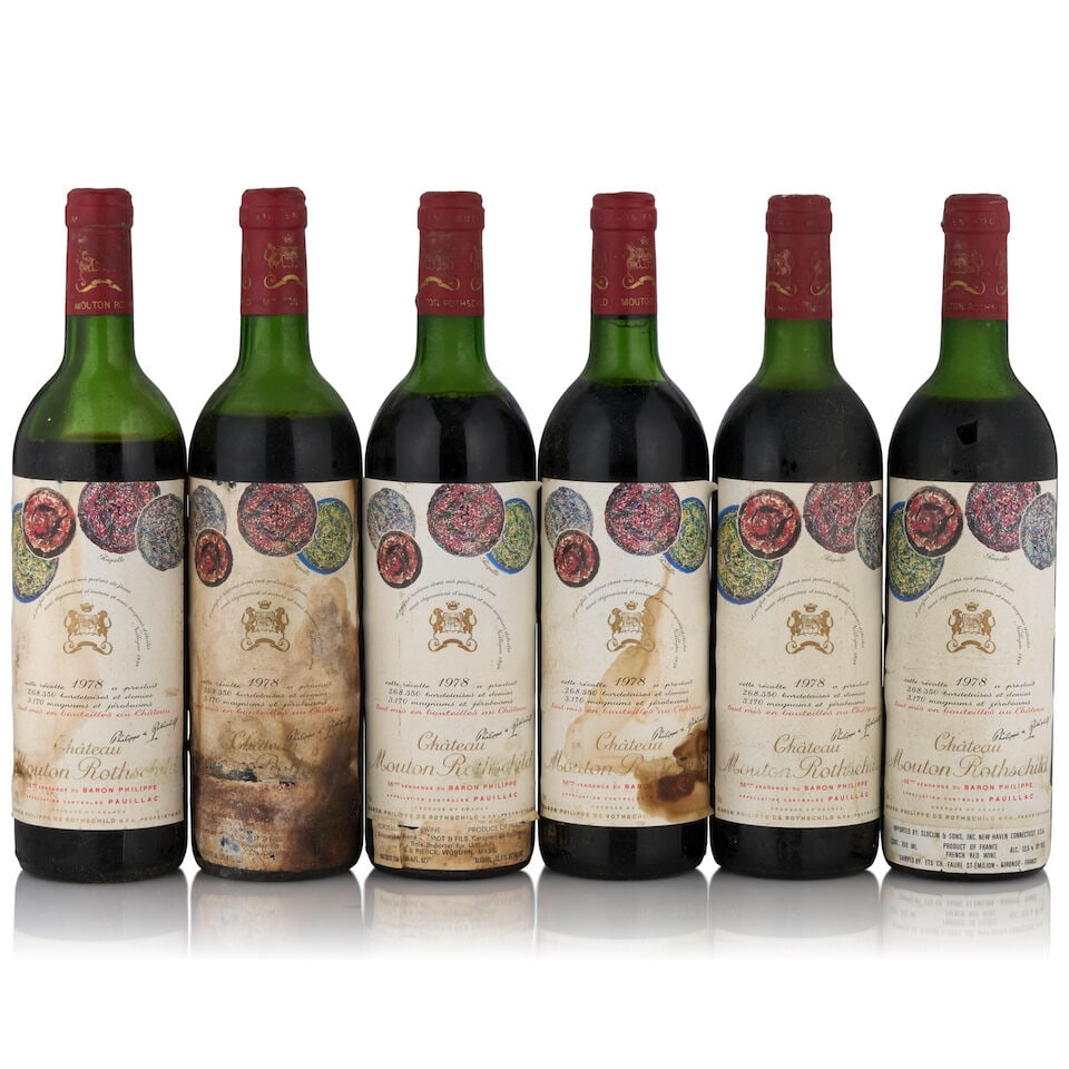 Château Mouton Rothschild, 1978 (6 bottles, 750ml): Château Mouton Rothschild, 1978 (6 bottles, 750ml) Region: Pauillac Fill Level: two top shoulder, two high shoulder, one mid shoulder, one at shoulder Capsule: bin soiled, two nicked, three