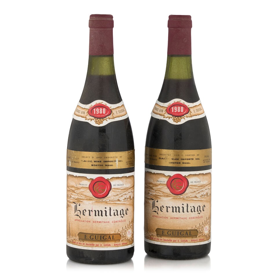 E. Guigal, Hermitage, 1980 (2 bottles, 750ml): E. Guigal, Hermitage, 1980 (2 bottles, 750ml) Region: Northern Rhône Fill Level: one 2.5cm, one 3cm Capsule: lightly bin soiled Label: lightly bin soiled This lot is subject to the following lot 