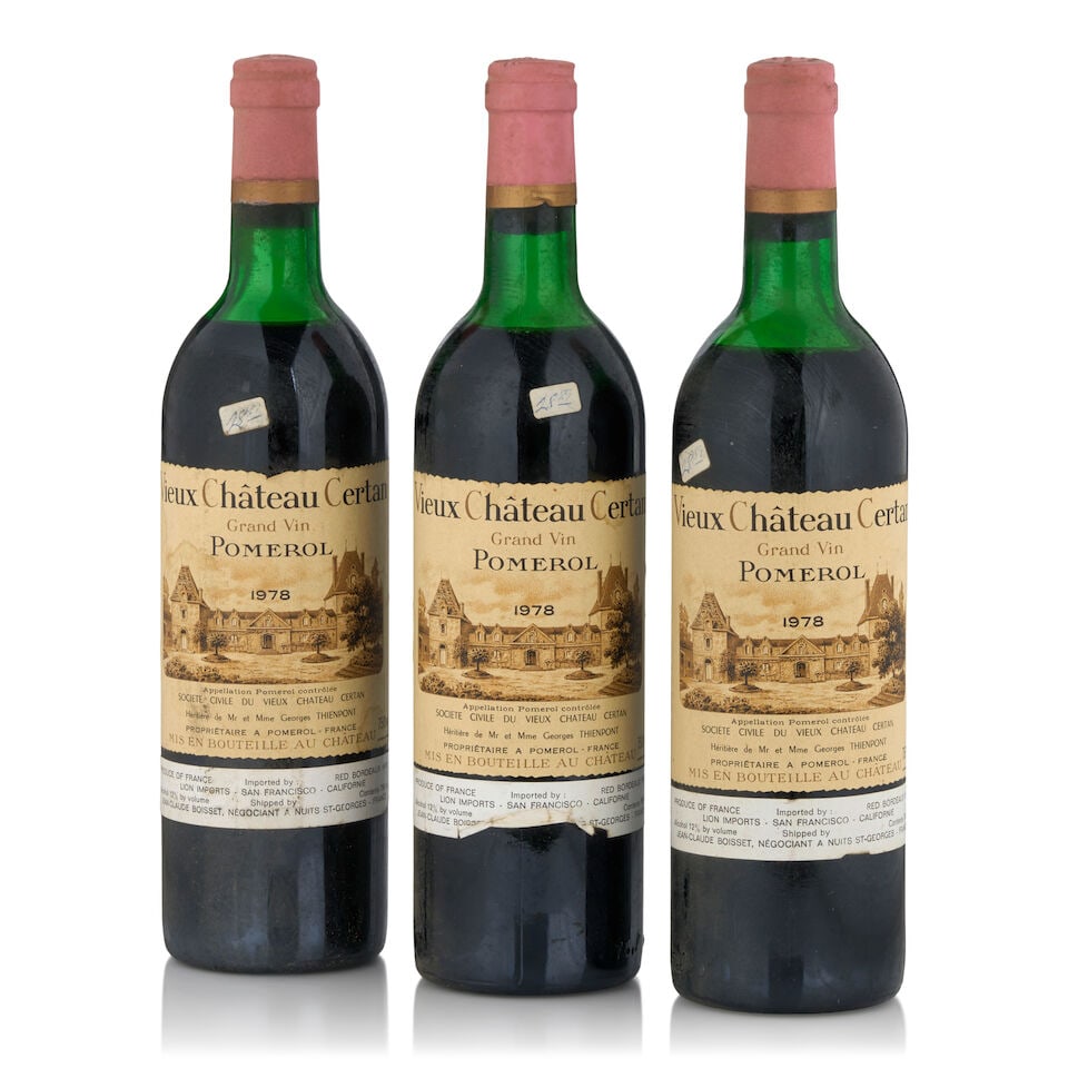 Vieux Château Certan, 1978 (3 bottles, 750ml): Vieux Château Certan, 1978 (3 bottles, 750ml) Region: Pomerol Fill Level: two top shoulder, one high shoulder Capsule: lightly stained, two lightly nicked Label: lightly bin soiled, one lightly n
