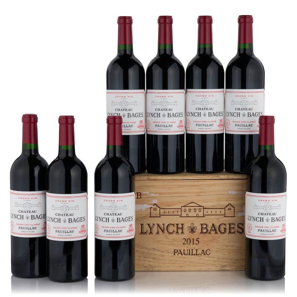 Château Lynch-Bages, 2015 (8 bottles, 750ml): Château Lynch-Bages, 2015 (8 bottles, 750ml) Region: Pauillac Packaging: one 6-pack original wooden case Footnotes: Bordeaux, Left Bank This lot is subject to the following lot symbols: