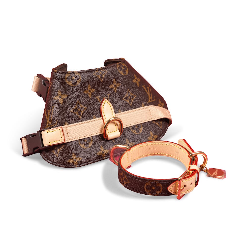 Louis Vuitton. Collier PM et harnais pour chien PM en toile Monogram et cuir naturel. Louis Vuit... (1 of 2)