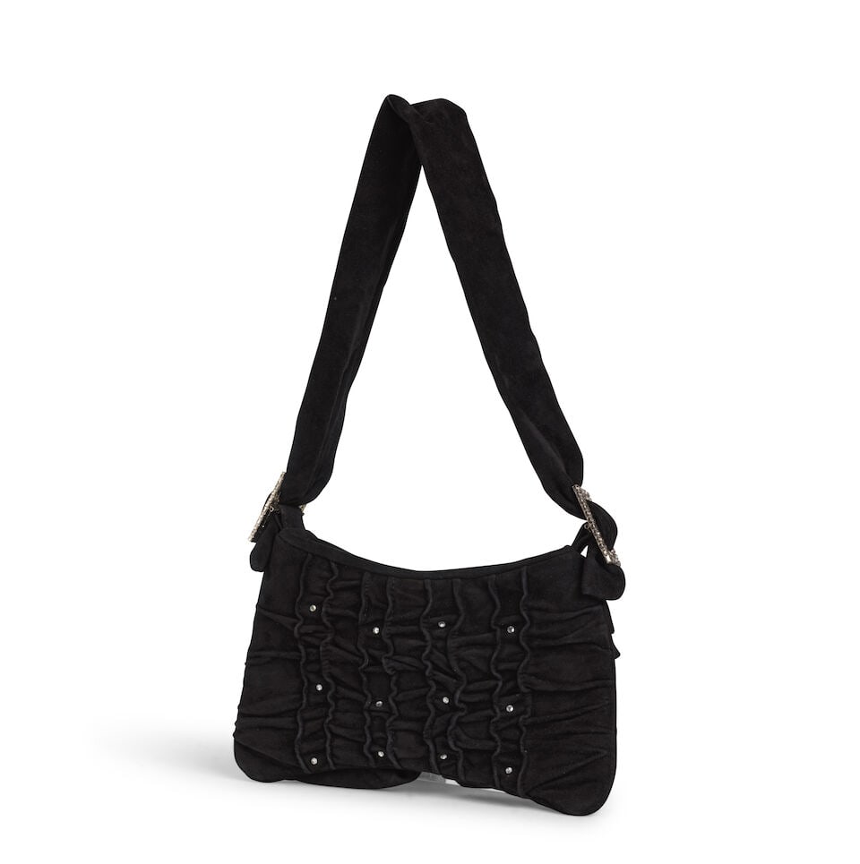 John Galliano. Pochette zippée en daim noir strassé. John Galliano. Black suede zipped... - 2
