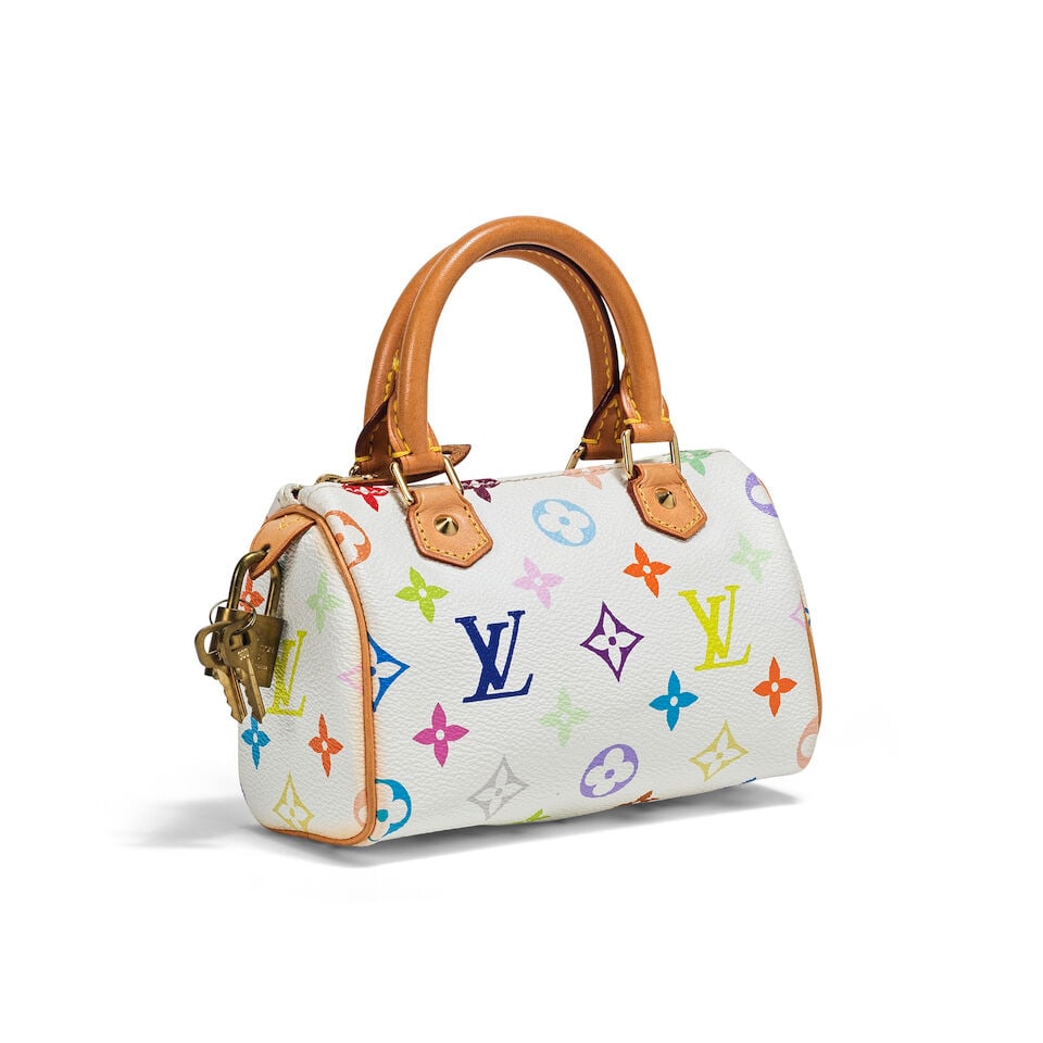 Louis Vuitton x Takashi Murakami, Edition Limitée, année 2003. Sac Mini Speedy en toil...: Louis Vuitton x Takashi Murakami, Edition Limitée, année 2003. Sac Mini Speedy en toile Monogram Multocolore et cuir naturel. Louis Vuitton x Takashi Murakami, Limited Edition, year 2003.