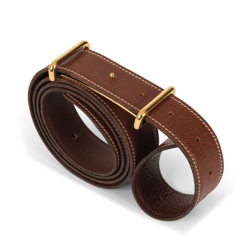 Hermès Paris, année 2001. Ceinture en cuir Epsom Caramel et veau Clémence Chocola...: Hermès Paris, année 2001. Ceinture en cuir Epsom Caramel et veau Clémence Chocolat. Hermès Paris, year 2001. Belt in Epsom Caramel leather and Clémence Chocolate