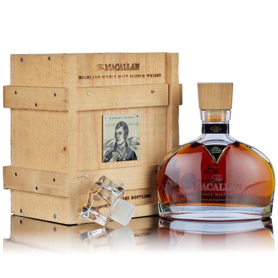 The Macallan Robert Burns Semiquincentenary (1x 70cl): The Macallan Robert Burns Semiquincentenary (1x 70cl) Region: Speyside, single malt Fill Level: filled to 70cl Capsule: good condition Label: good labelling Packaging: in original wooden presentation 