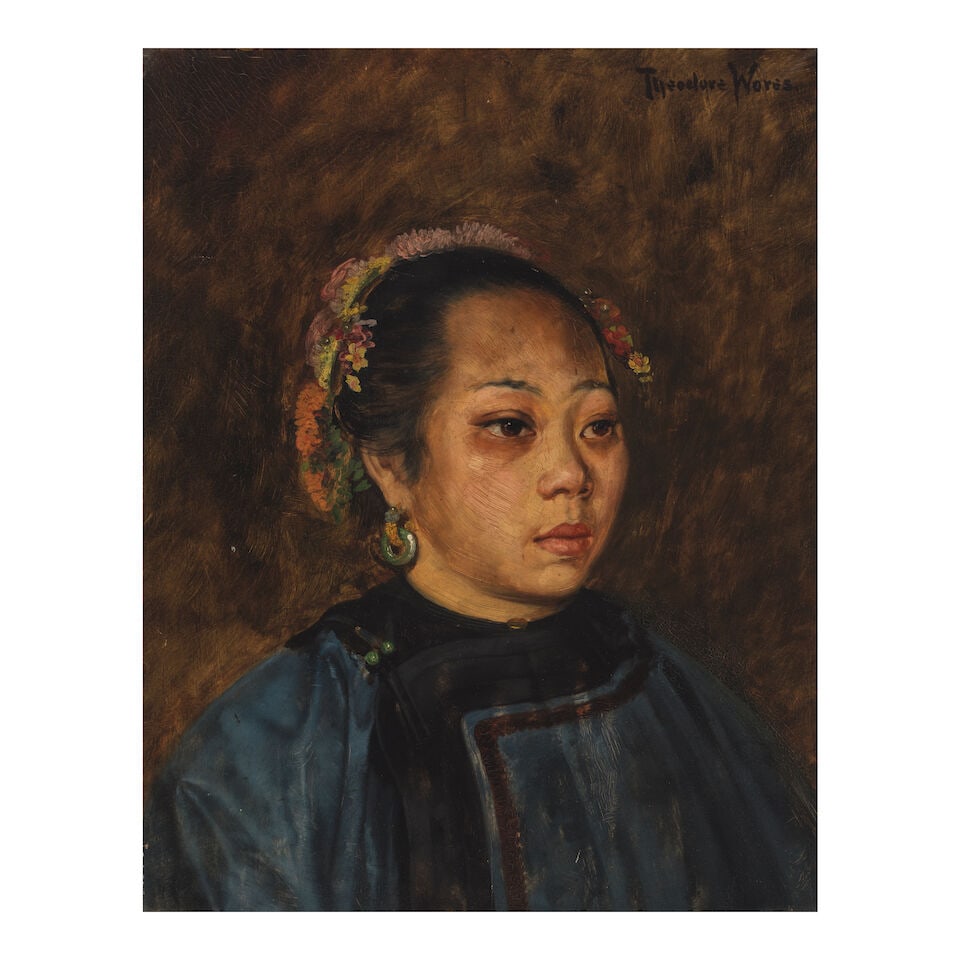 THEODORE WORES (1859-1939) Portrait of a Chinese Woman 15 x 12 in.: THEODORE WORES (1859-1939) Portrait of a Chinese Woman signed 'Theodore Wores' (upper right) oil on panel 15 x 12 in. Footnotes: Provenance Private collection, San Diego. For further information on